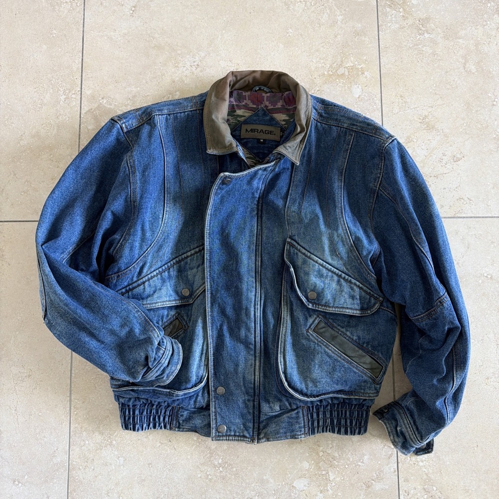 Vintage Mirage Denim Bomber Jacket Leather Trim Aztec Lining 80s Size Medium